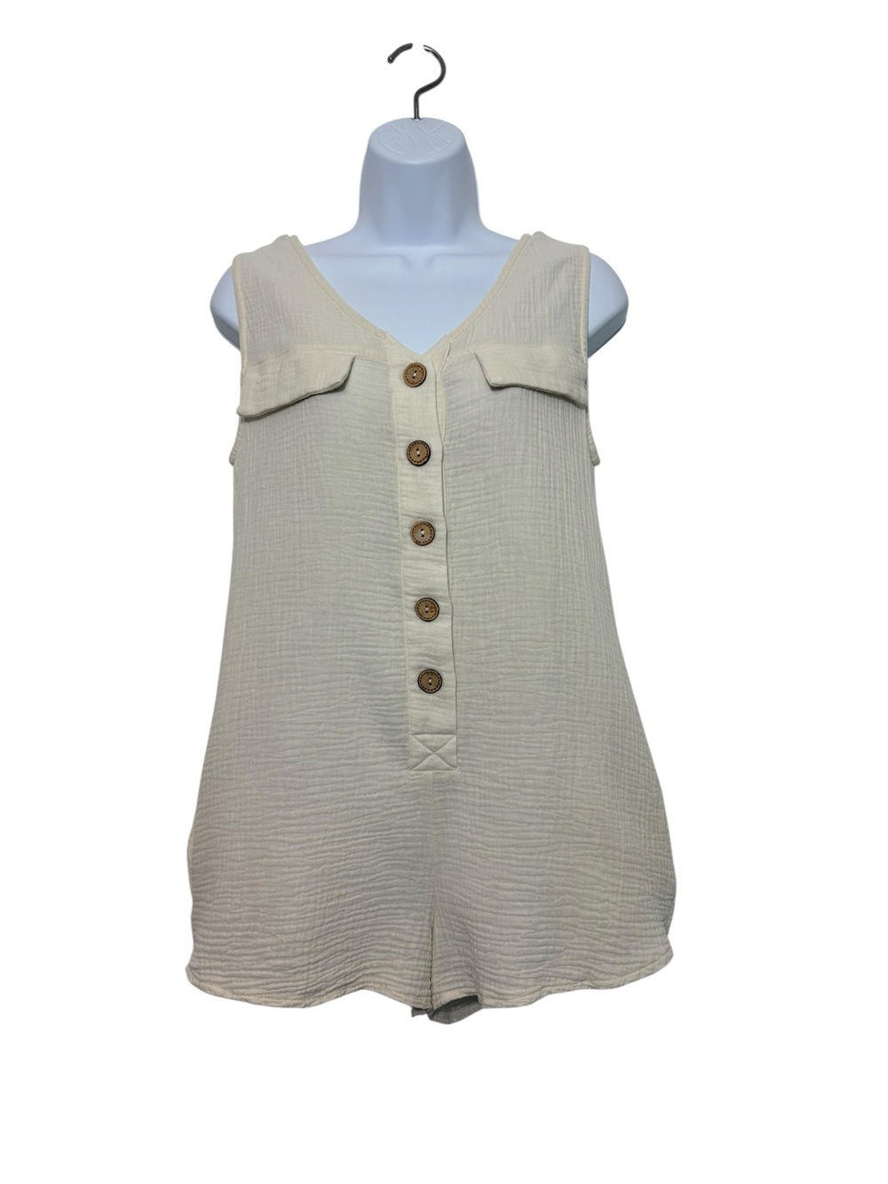 Akair Cream Gauze Coastal Sleeveless Romper SzS Casual Button Front Boho Resort